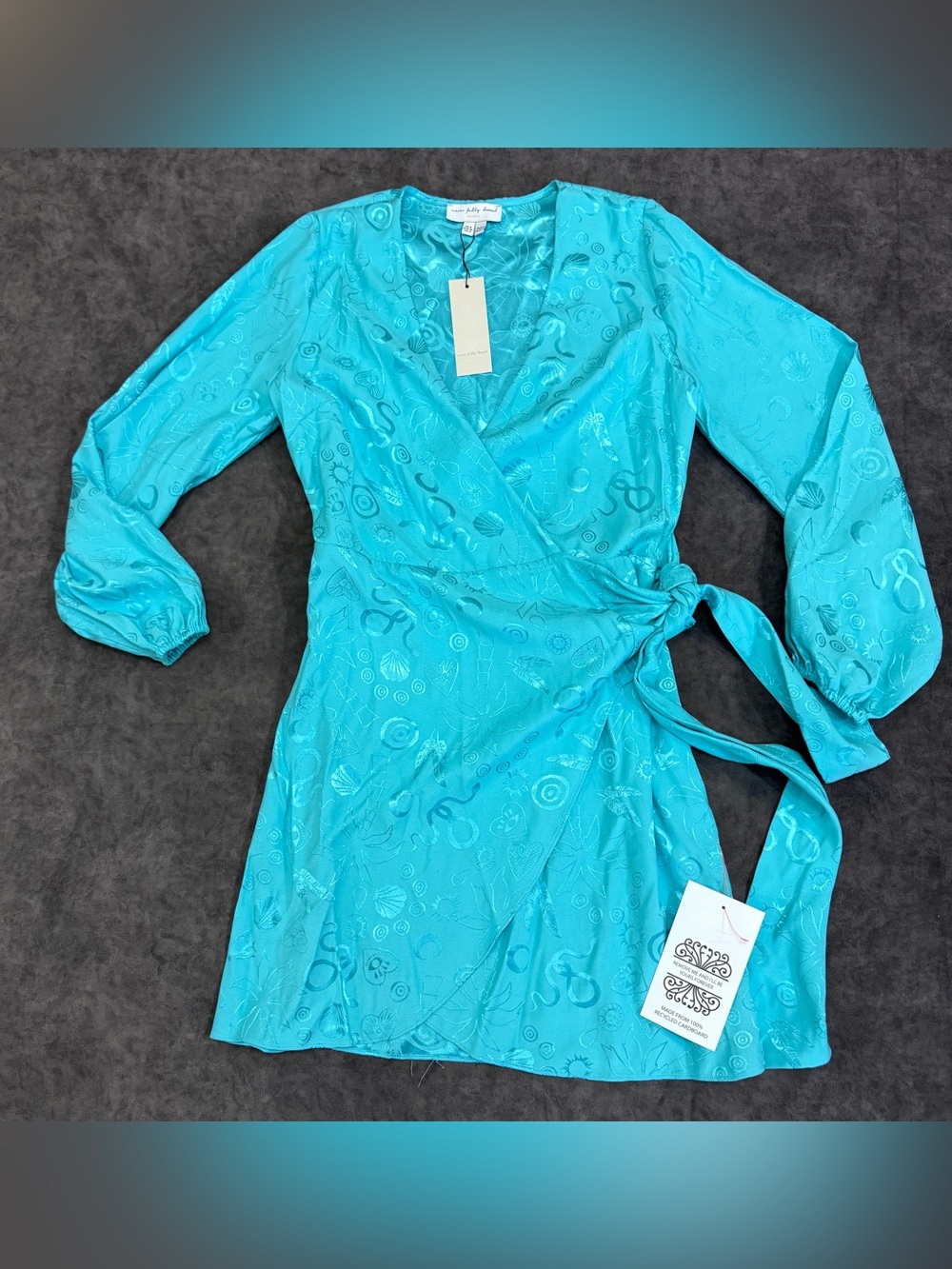 Never fully dressed Preppy Satin Turquoise Vienna sea print mini wrap dress Sz 4